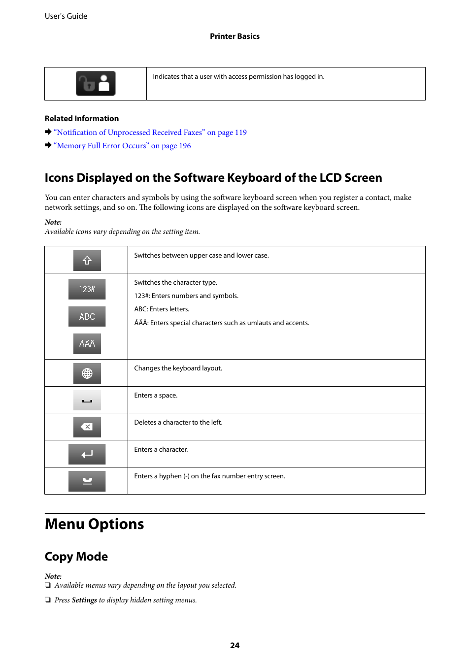 Menu options, Copy mode | Epson WorkForce Pro WF-R8590 DTWF User Manual | Page 24 / 243