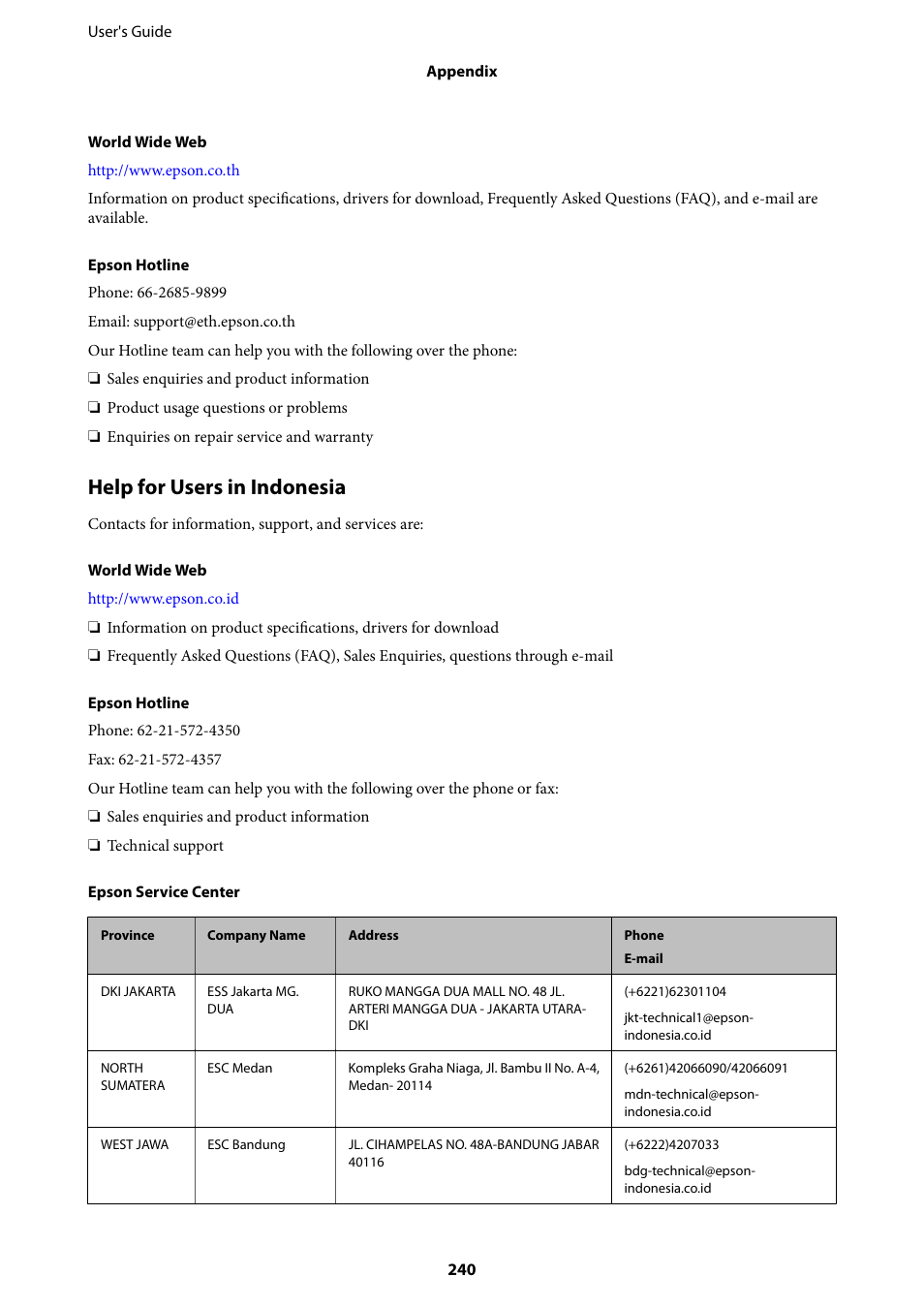 Help for users in indonesia | Epson WorkForce Pro WF-R8590 DTWF User Manual | Page 240 / 243