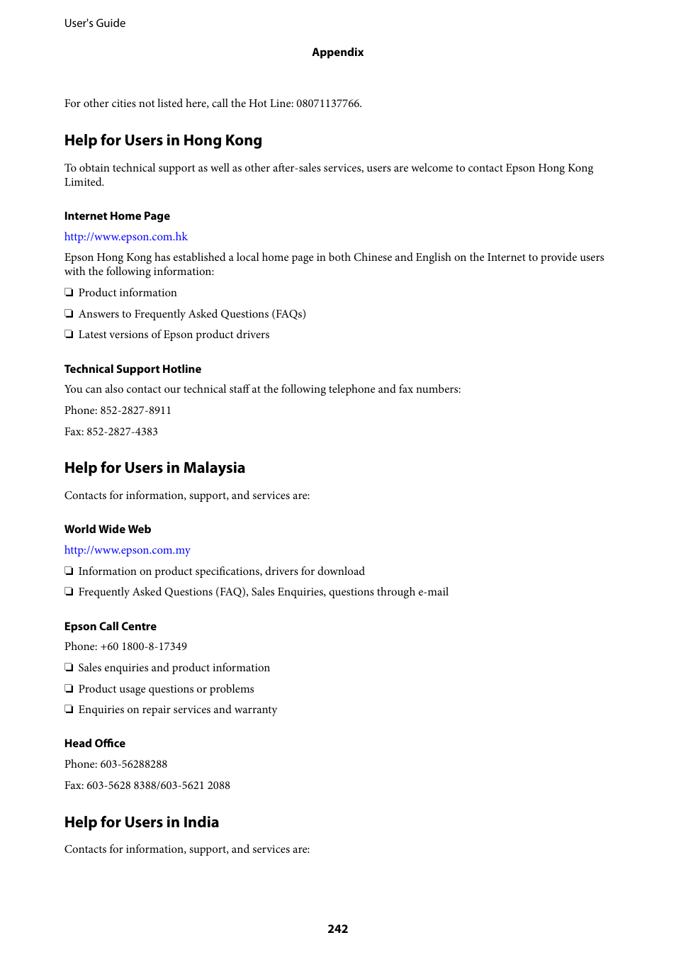 Help for users in hong kong, Help for users in malaysia, Help for users in india | Epson WorkForce Pro WF-R8590 DTWF User Manual | Page 242 / 243