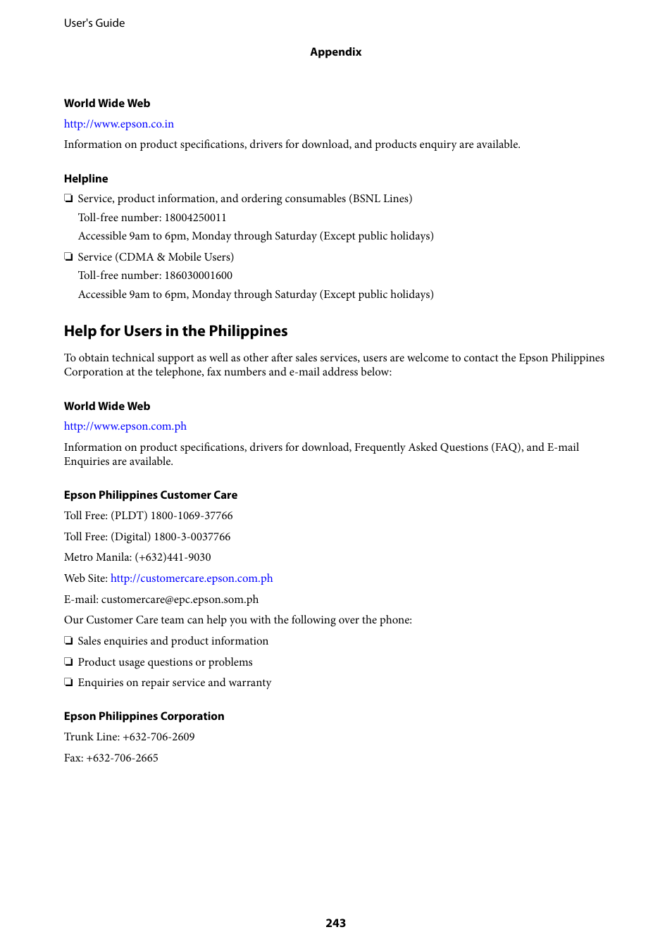 Help for users in the philippines | Epson WorkForce Pro WF-R8590 DTWF User Manual | Page 243 / 243
