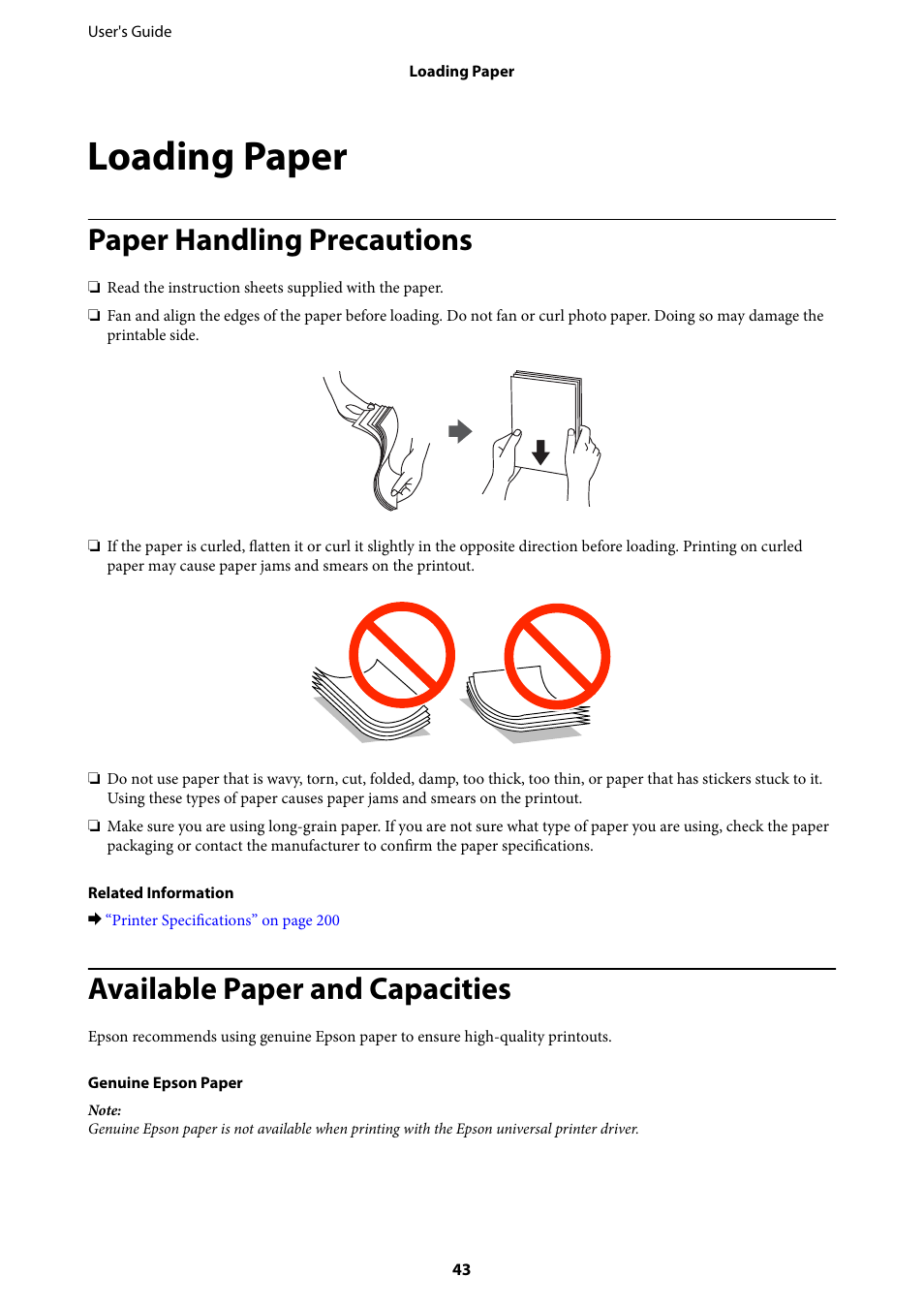 Loading paper, Paper handling precautions, Available paper and capacities | Epson WorkForce Pro WF-R8590 DTWF User Manual | Page 43 / 243