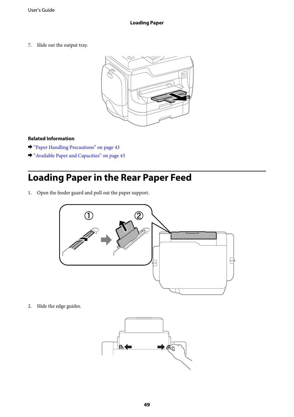 Loading paper in the rear paper feed | Epson WorkForce Pro WF-R8590 DTWF User Manual | Page 49 / 243