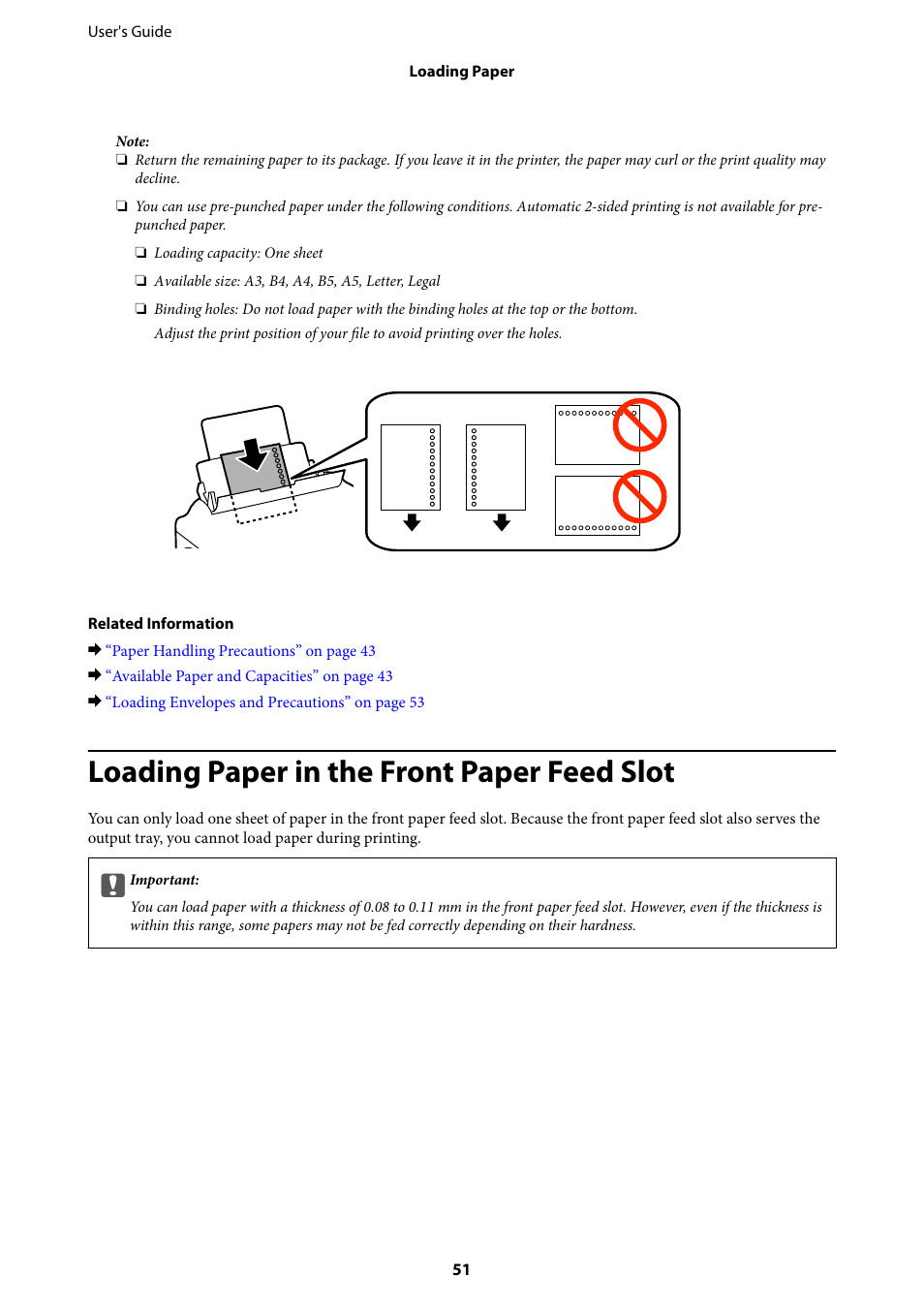 Loading paper in the front paper feed slot | Epson WorkForce Pro WF-R8590 DTWF User Manual | Page 51 / 243