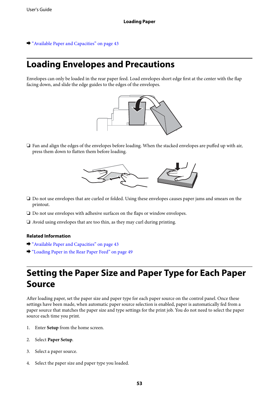 Loading envelopes and precautions | Epson WorkForce Pro WF-R8590 DTWF User Manual | Page 53 / 243