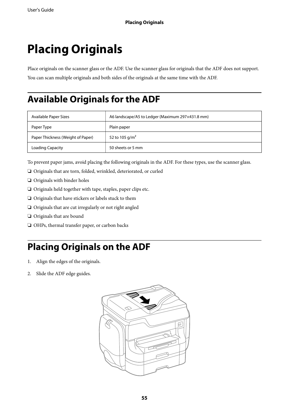 Placing originals, Available originals for the adf, Placing originals on the adf | Epson WorkForce Pro WF-R8590 DTWF User Manual | Page 55 / 243