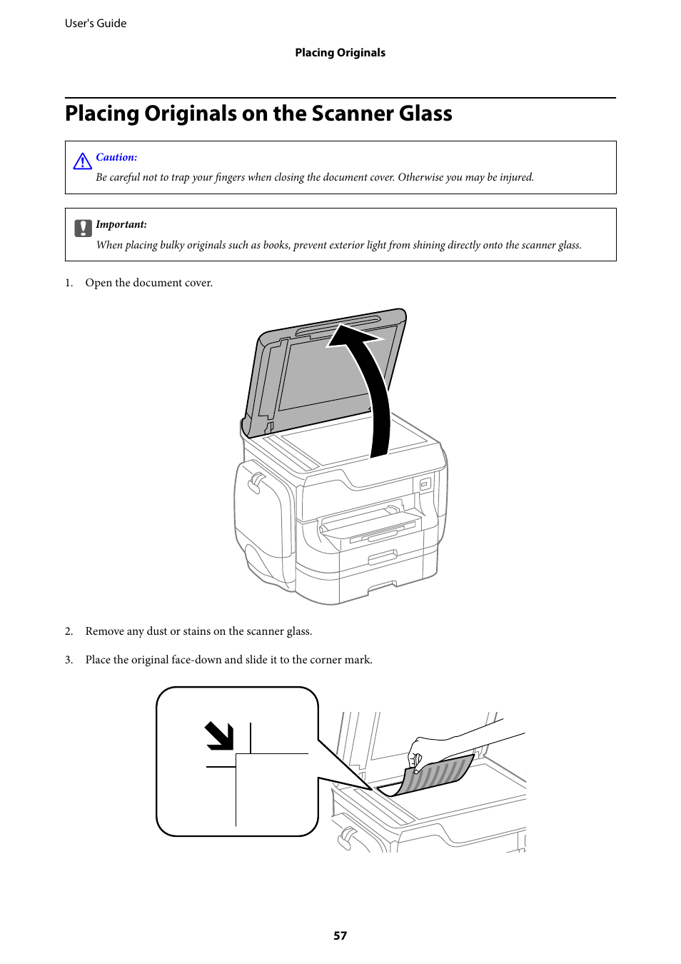 Placing originals on the scanner glass | Epson WorkForce Pro WF-R8590 DTWF User Manual | Page 57 / 243