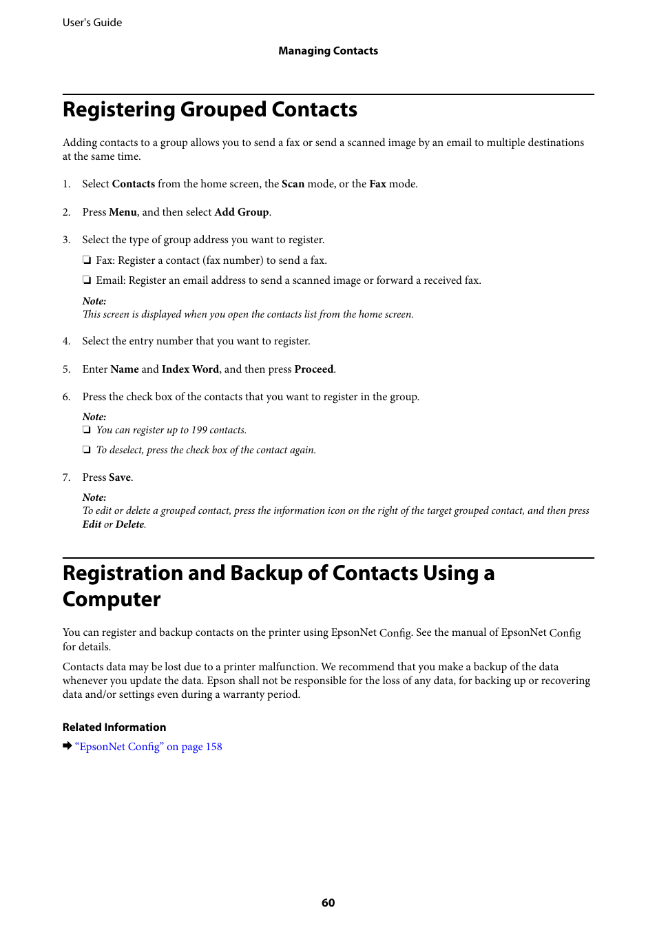 Registering grouped contacts | Epson WorkForce Pro WF-R8590 DTWF User Manual | Page 60 / 243