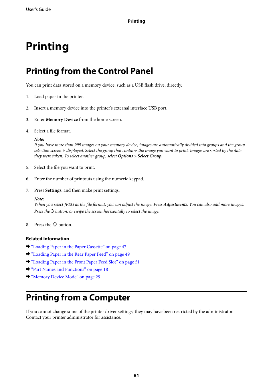 Printing, Printing from the control panel, Printing from a computer | Epson WorkForce Pro WF-R8590 DTWF User Manual | Page 61 / 243