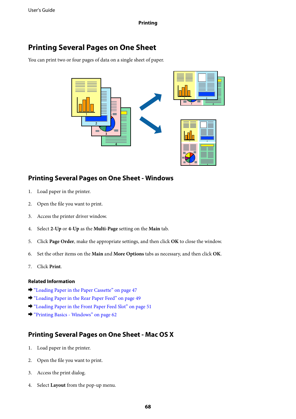 Printing several pages on one sheet, Printing several pages on one sheet - windows, Printing several pages on one sheet - mac os x | Epson WorkForce Pro WF-R8590 DTWF User Manual | Page 68 / 243