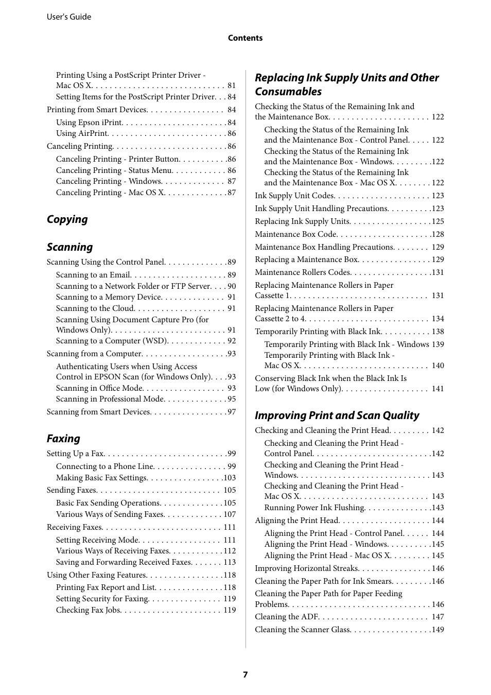 Copying scanning, Faxing, Replacing ink supply units and other consumables | Improving print and scan quality | Epson WorkForce Pro WF-R8590 DTWF User Manual | Page 7 / 243