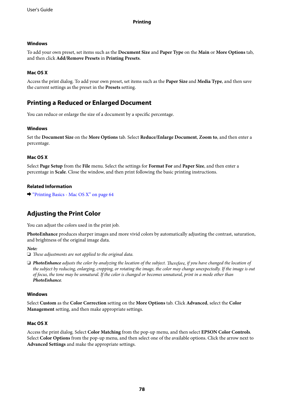 Printing a reduced or enlarged document, Adjusting the print color | Epson WorkForce Pro WF-R8590 DTWF User Manual | Page 78 / 243