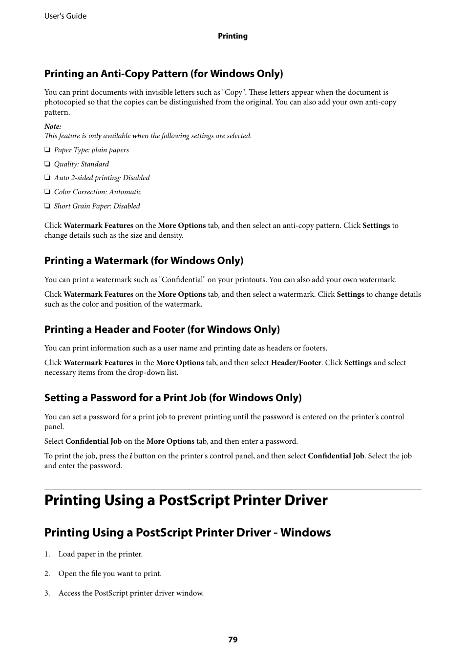 Printing using a postscript printer driver, Printing an anti-copy pattern (for windows only), Printing a watermark (for windows only) | Printing a header and footer (for windows only) | Epson WorkForce Pro WF-R8590 DTWF User Manual | Page 79 / 243