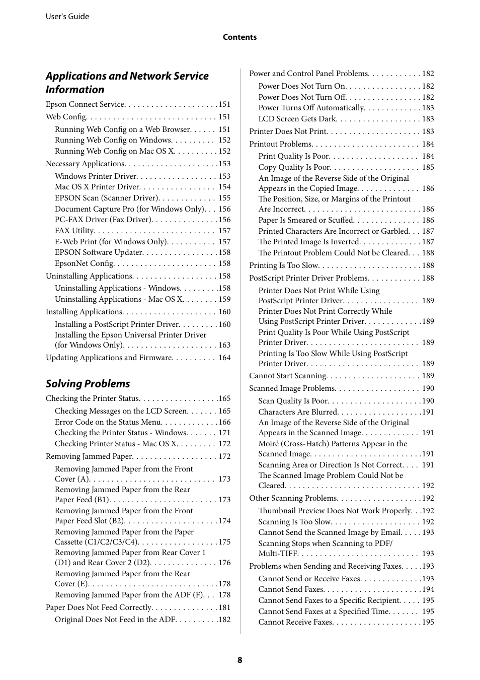 Applications and network service information, Solving problems | Epson WorkForce Pro WF-R8590 DTWF User Manual | Page 8 / 243