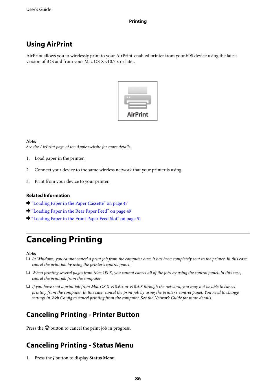 Using airprint, Canceling printing, Canceling printing - printer button | Canceling printing - status menu | Epson WorkForce Pro WF-R8590 DTWF User Manual | Page 86 / 243