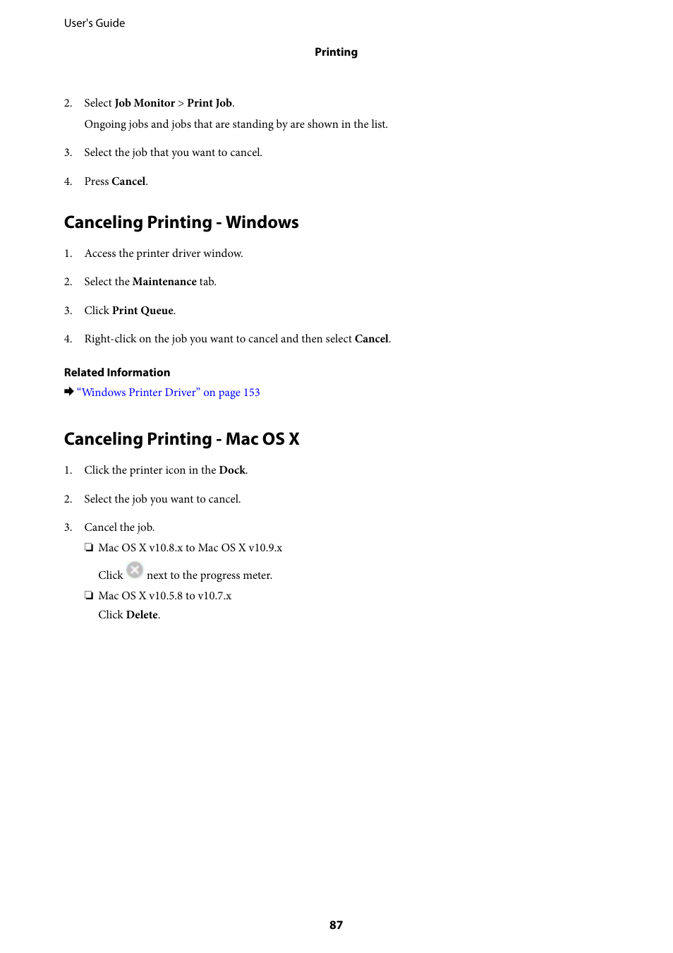 Canceling printing - windows, Canceling printing - mac os x | Epson WorkForce Pro WF-R8590 DTWF User Manual | Page 87 / 243