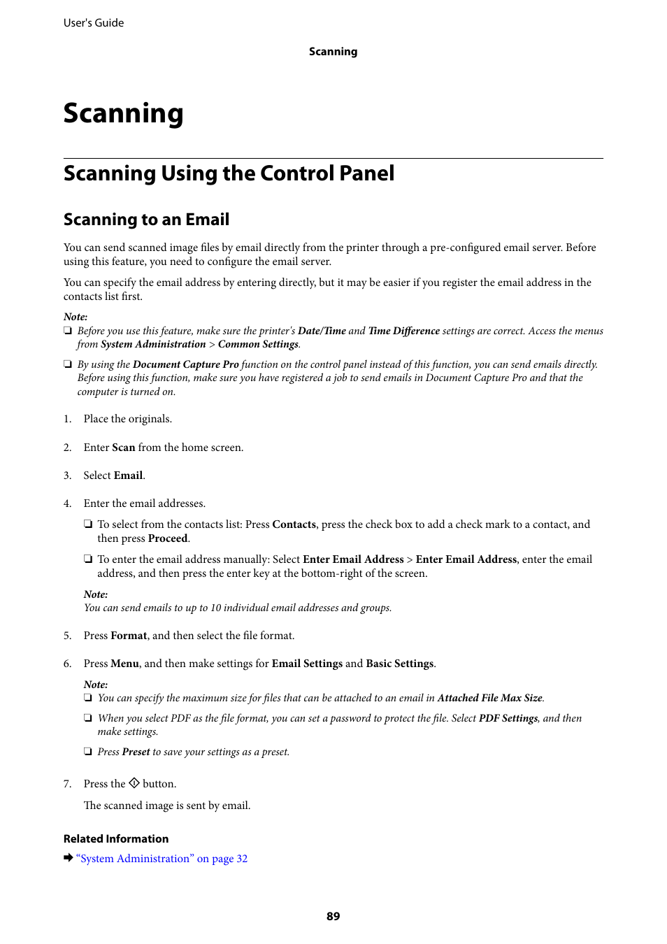 Scanning, Scanning using the control panel, Scanning to an email | Epson WorkForce Pro WF-R8590 DTWF User Manual | Page 89 / 243