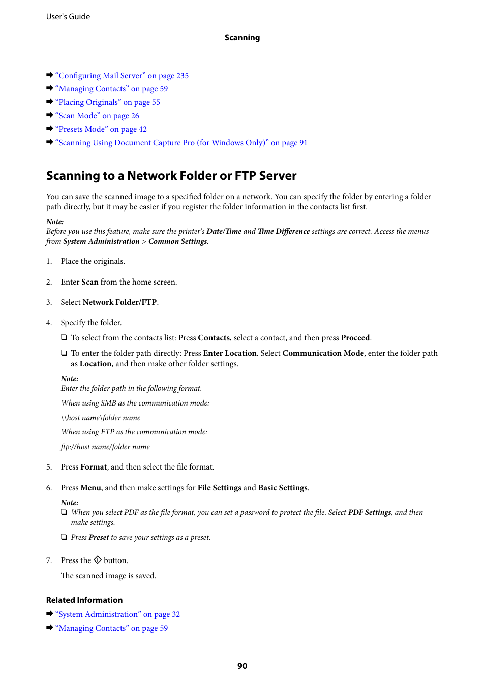 Scanning to a network folder or ftp server | Epson WorkForce Pro WF-R8590 DTWF User Manual | Page 90 / 243