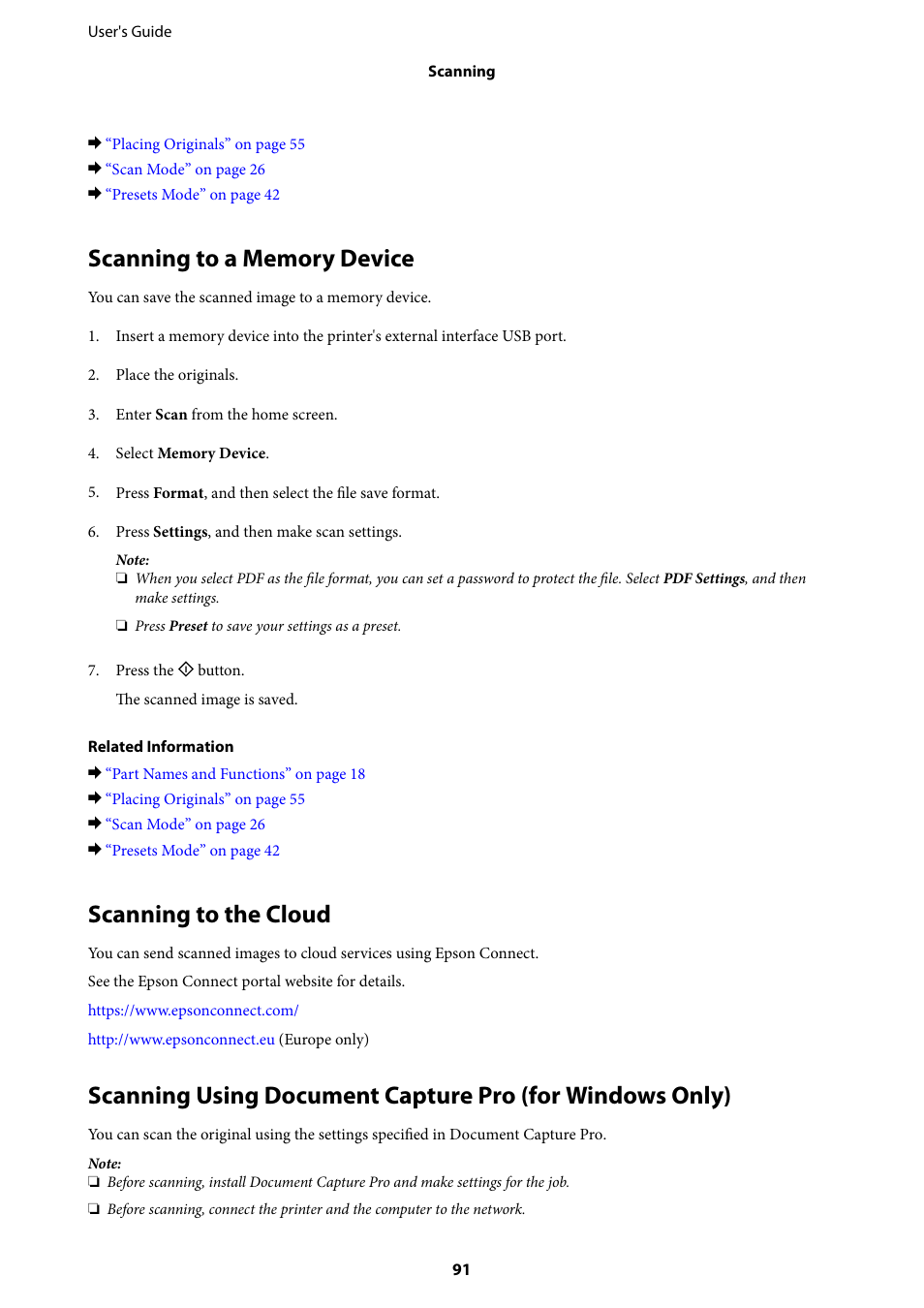 Scanning to a memory device, Scanning to the cloud | Epson WorkForce Pro WF-R8590 DTWF User Manual | Page 91 / 243