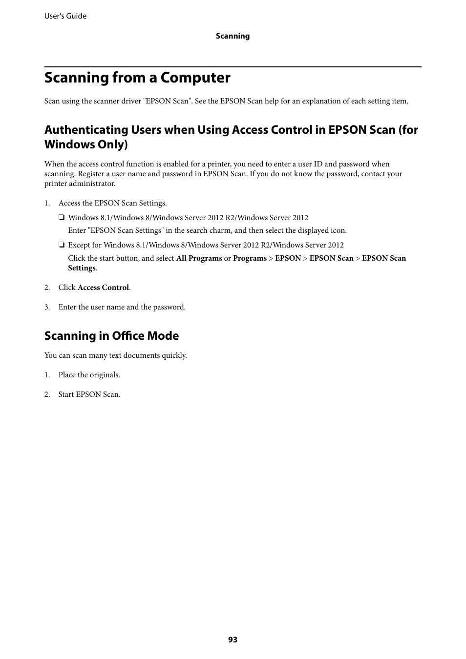 Scanning from a computer, Scanning in office mode | Epson WorkForce Pro WF-R8590 DTWF User Manual | Page 93 / 243