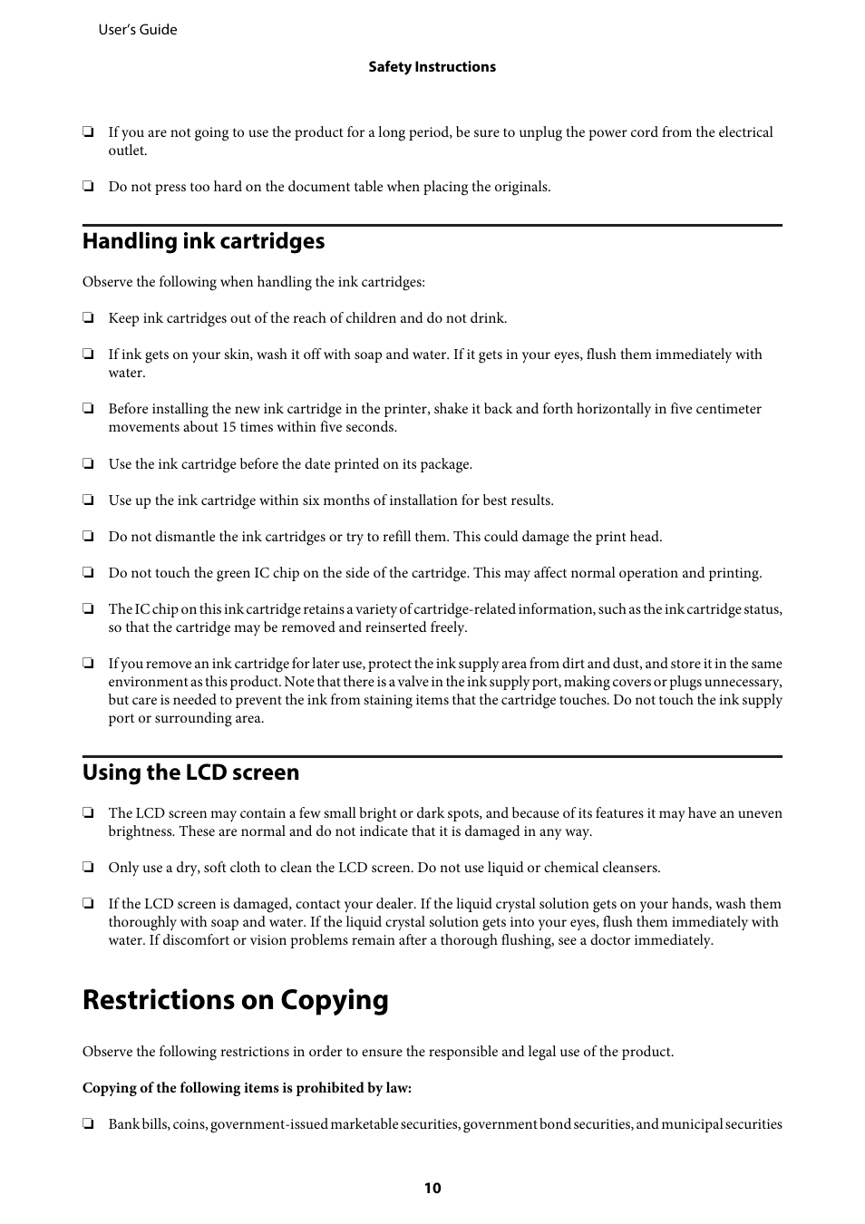 Handling ink cartridges, Using the lcd screen, Restrictions on copying | Epson WP-M4595DNF User Manual | Page 10 / 203