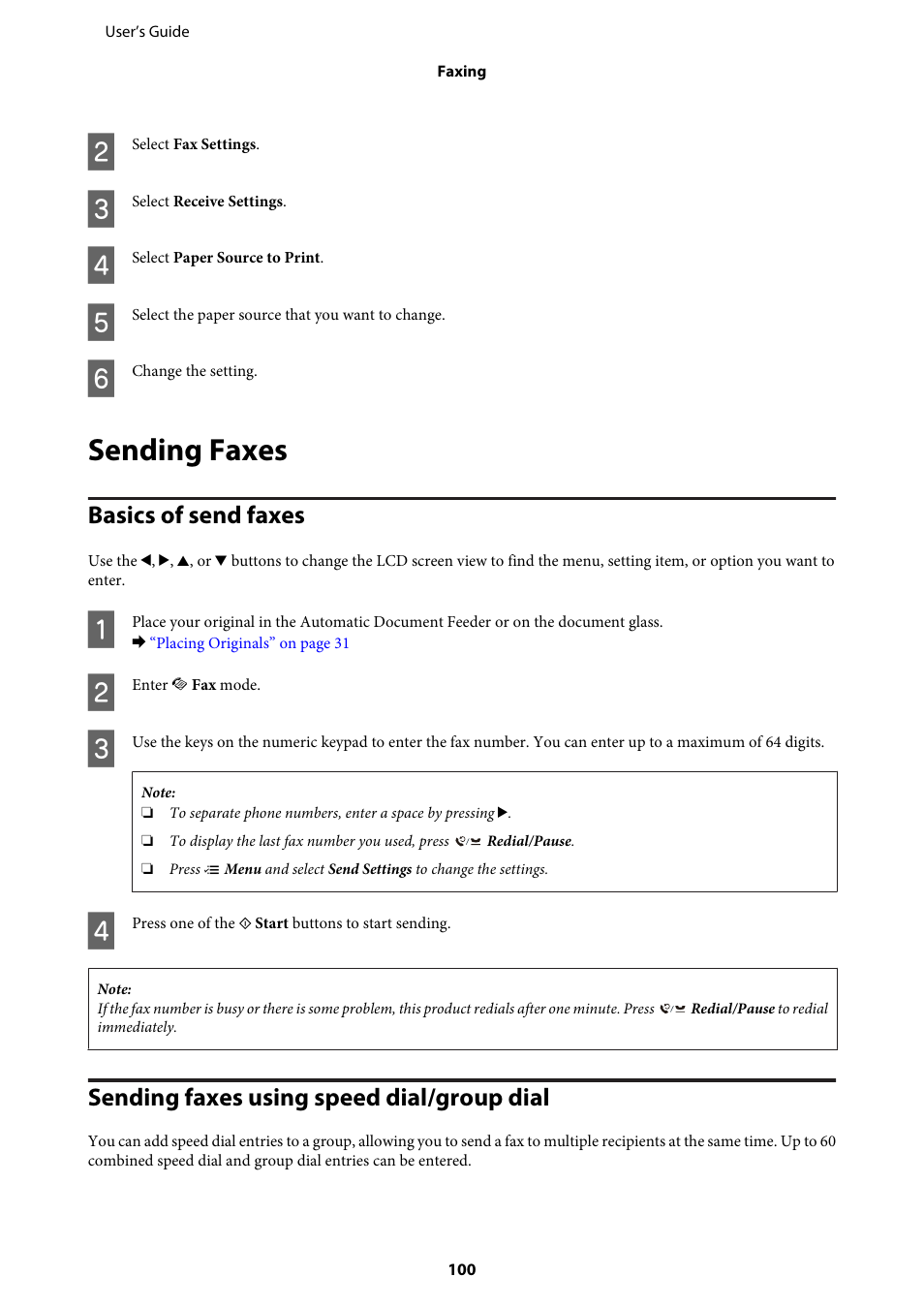 Sending faxes, Basics of send faxes, Sending faxes using speed dial/group dial | Epson WP-M4595DNF User Manual | Page 100 / 203