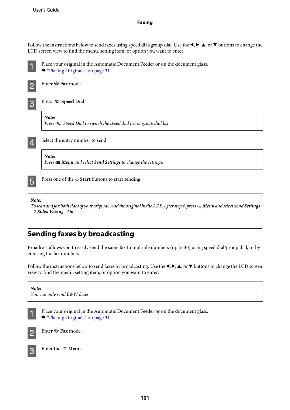 Sending faxes by broadcasting | Epson WP-M4595DNF User Manual | Page 101 / 203