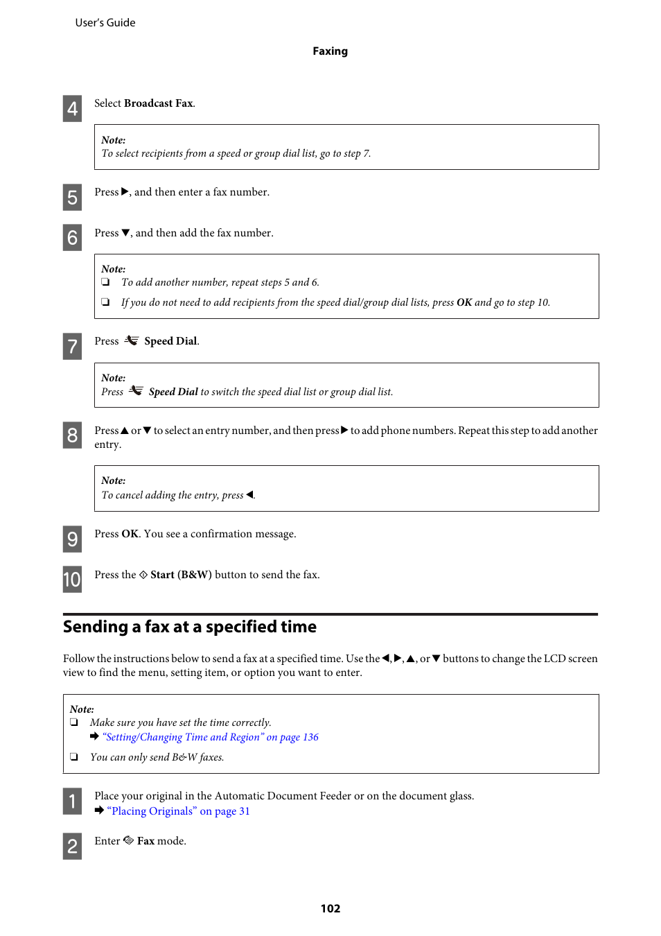 Sending a fax at a specified time | Epson WP-M4595DNF User Manual | Page 102 / 203