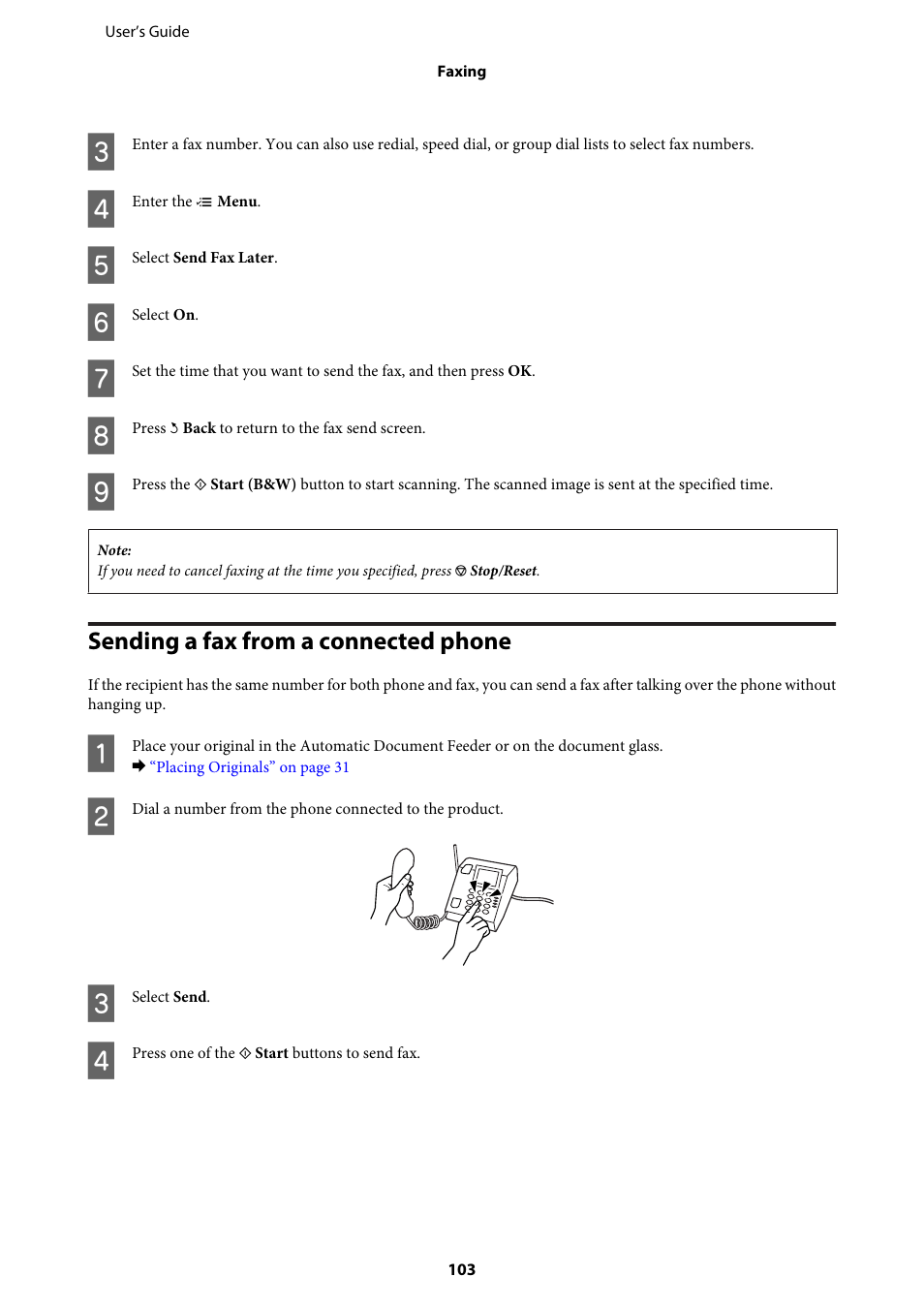 Sending a fax from a connected phone | Epson WP-M4595DNF User Manual | Page 103 / 203