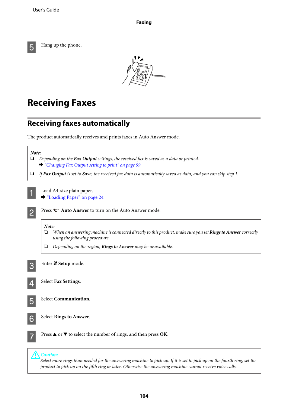 Receiving faxes, Receiving faxes automatically | Epson WP-M4595DNF User Manual | Page 104 / 203