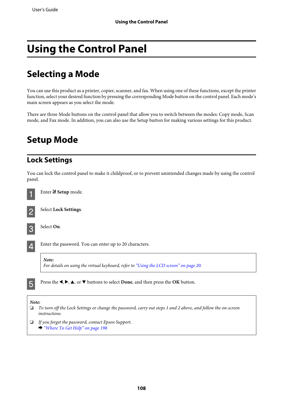 Using the control panel, Selecting a mode, Setup mode | Lock settings | Epson WP-M4595DNF User Manual | Page 108 / 203