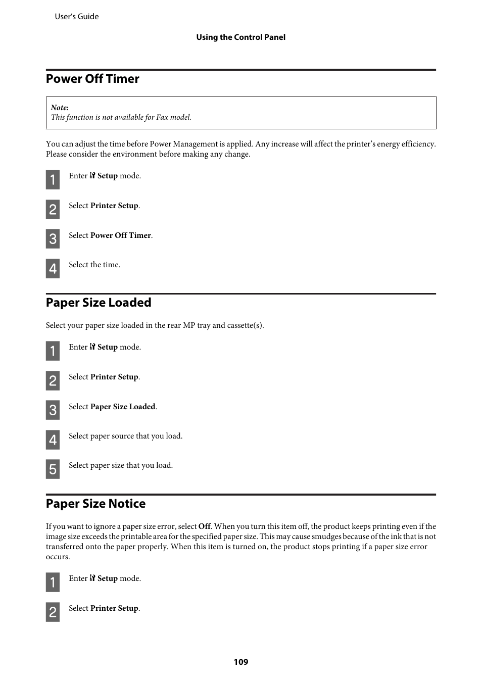 Power off timer, Paper size loaded, Paper size notice | Epson WP-M4595DNF User Manual | Page 109 / 203
