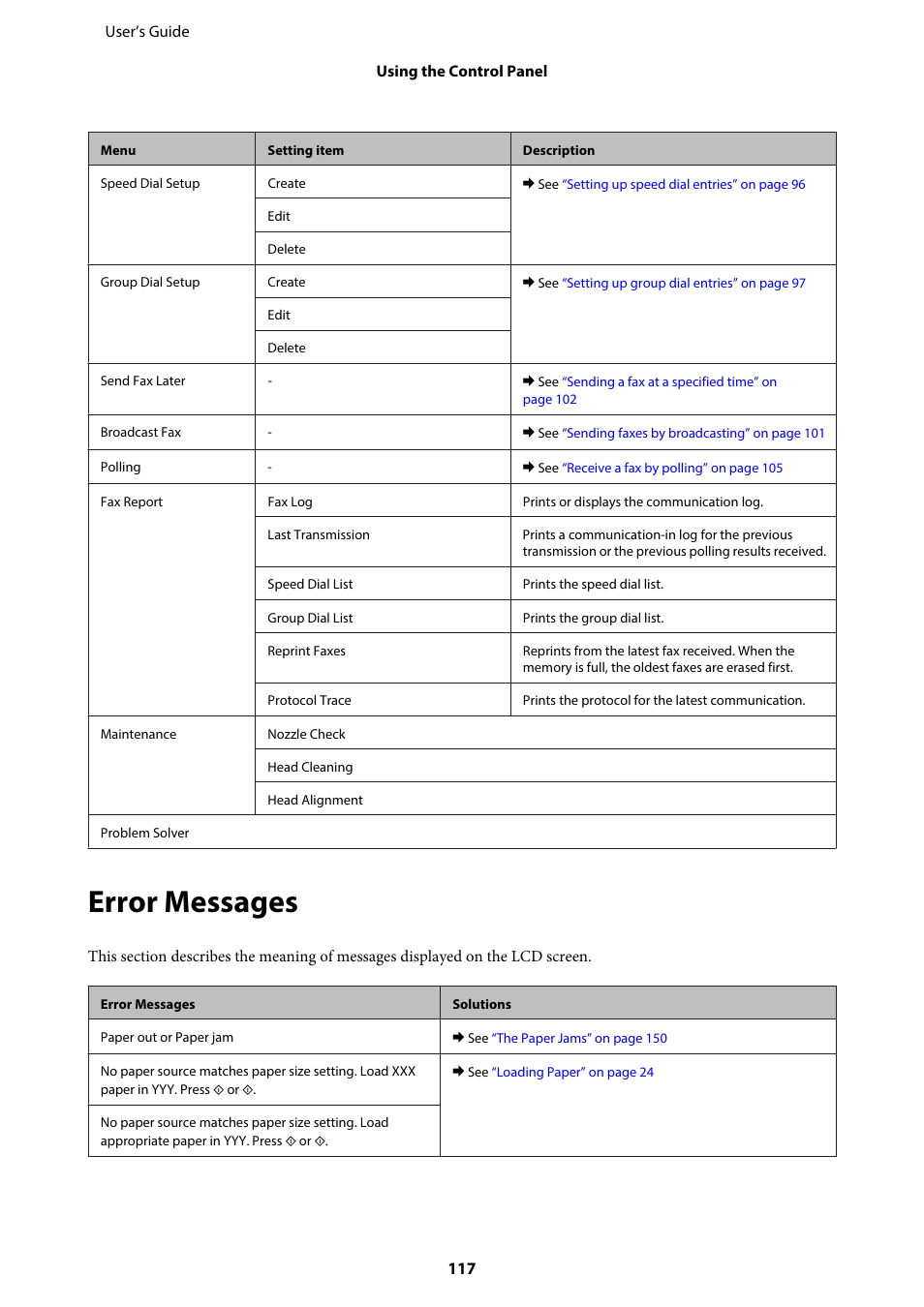 Error messages | Epson WP-M4595DNF User Manual | Page 117 / 203