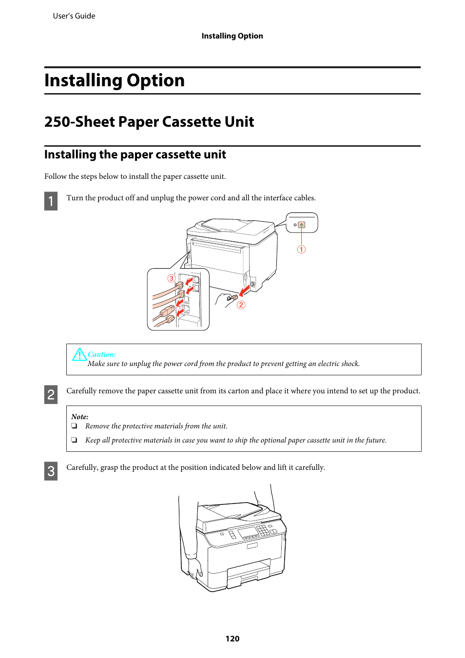 Installing option, Sheet paper cassette unit, Installing the paper cassette unit | Epson WP-M4595DNF User Manual | Page 120 / 203