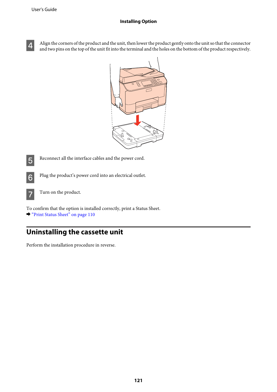 Uninstalling the cassette unit | Epson WP-M4595DNF User Manual | Page 121 / 203