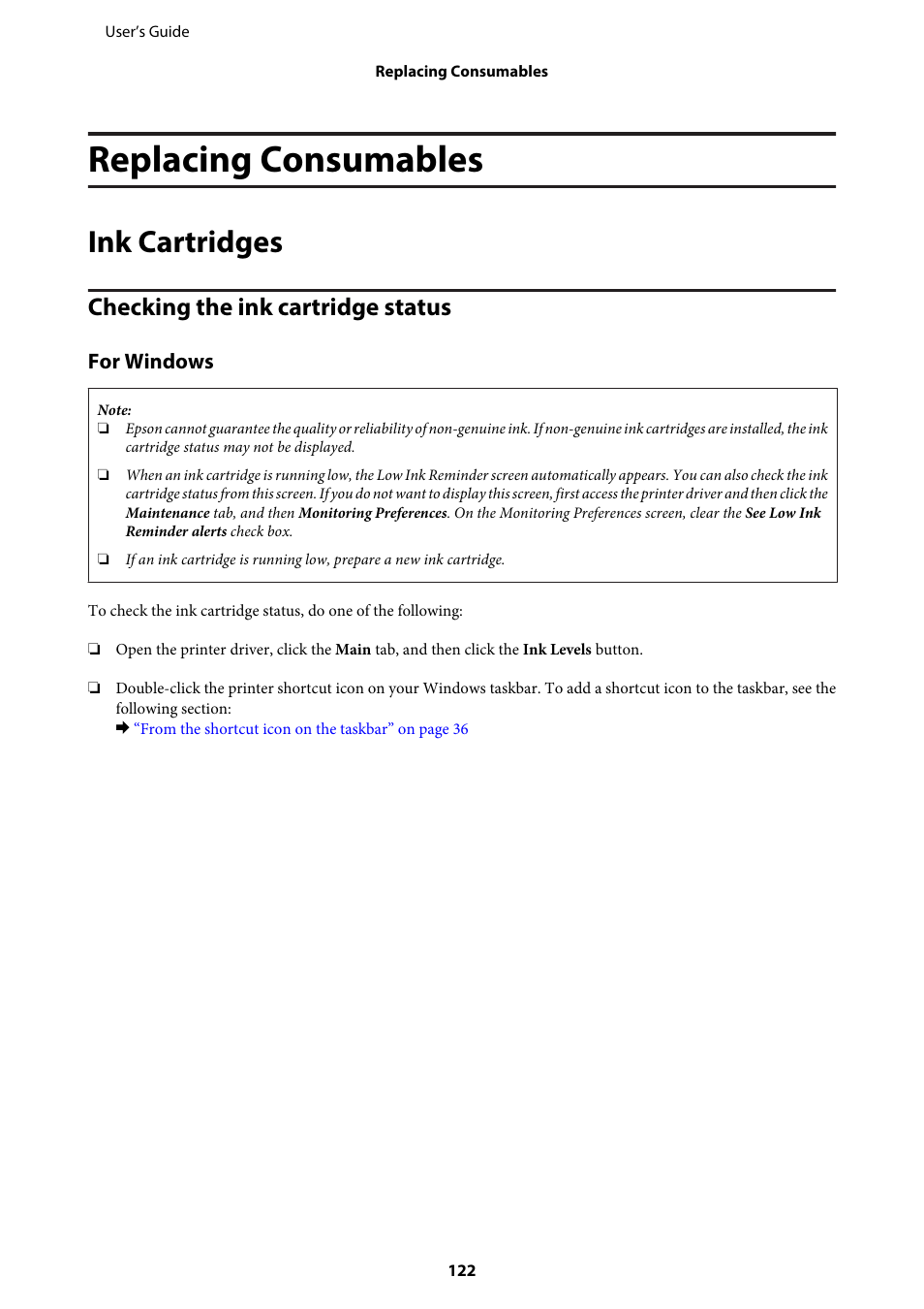 Replacing consumables, Ink cartridges, Checking the ink cartridge status | For windows | Epson WP-M4595DNF User Manual | Page 122 / 203