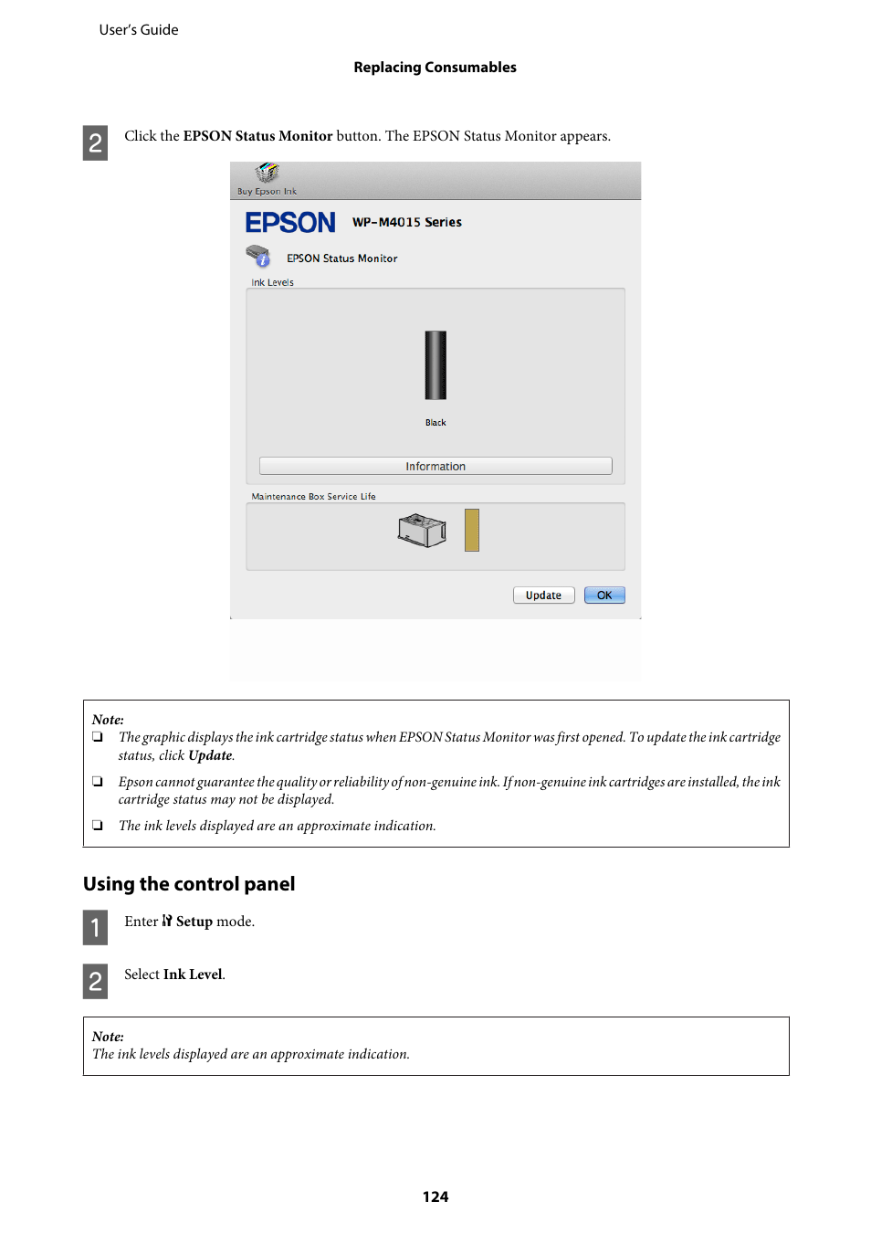 Using the control panel | Epson WP-M4595DNF User Manual | Page 124 / 203