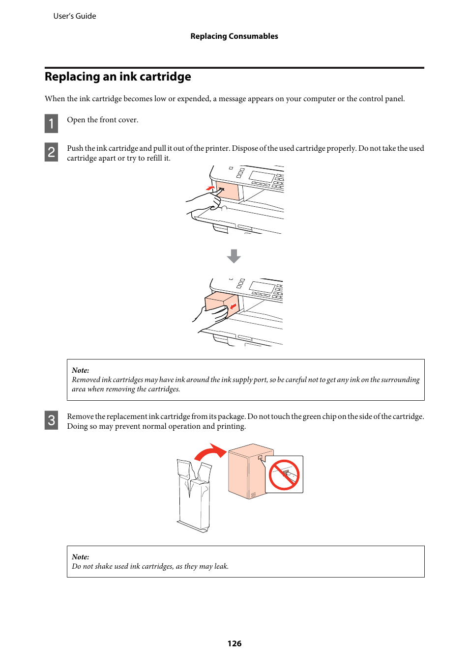 Replacing an ink cartridge | Epson WP-M4595DNF User Manual | Page 126 / 203