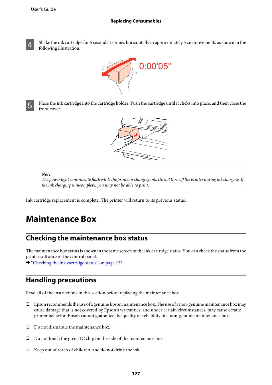 Maintenance box, Checking the maintenance box status, Handling precautions | Epson WP-M4595DNF User Manual | Page 127 / 203