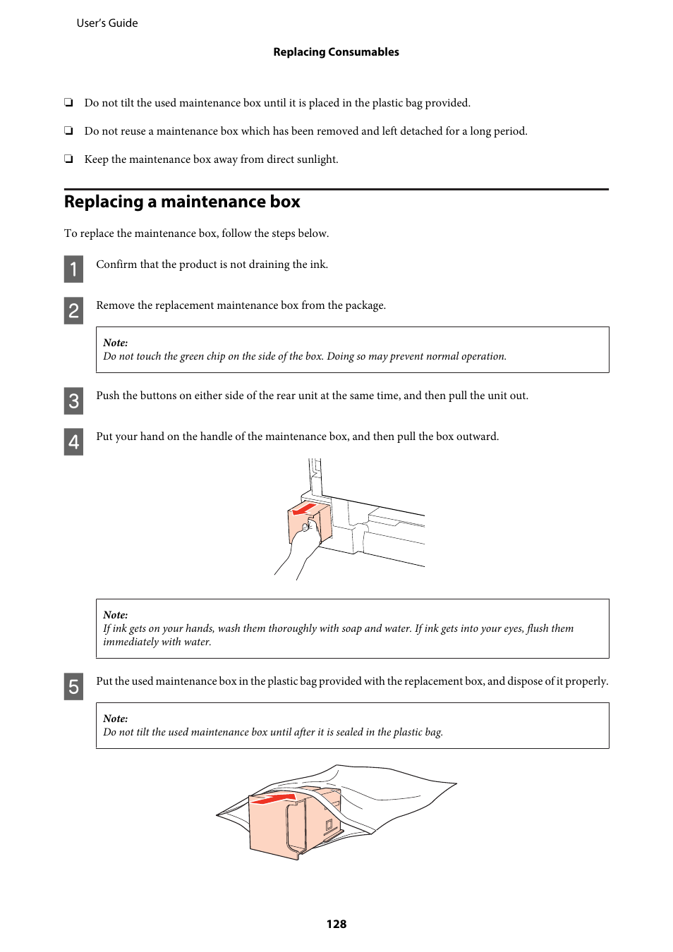 Replacing a maintenance box | Epson WP-M4595DNF User Manual | Page 128 / 203
