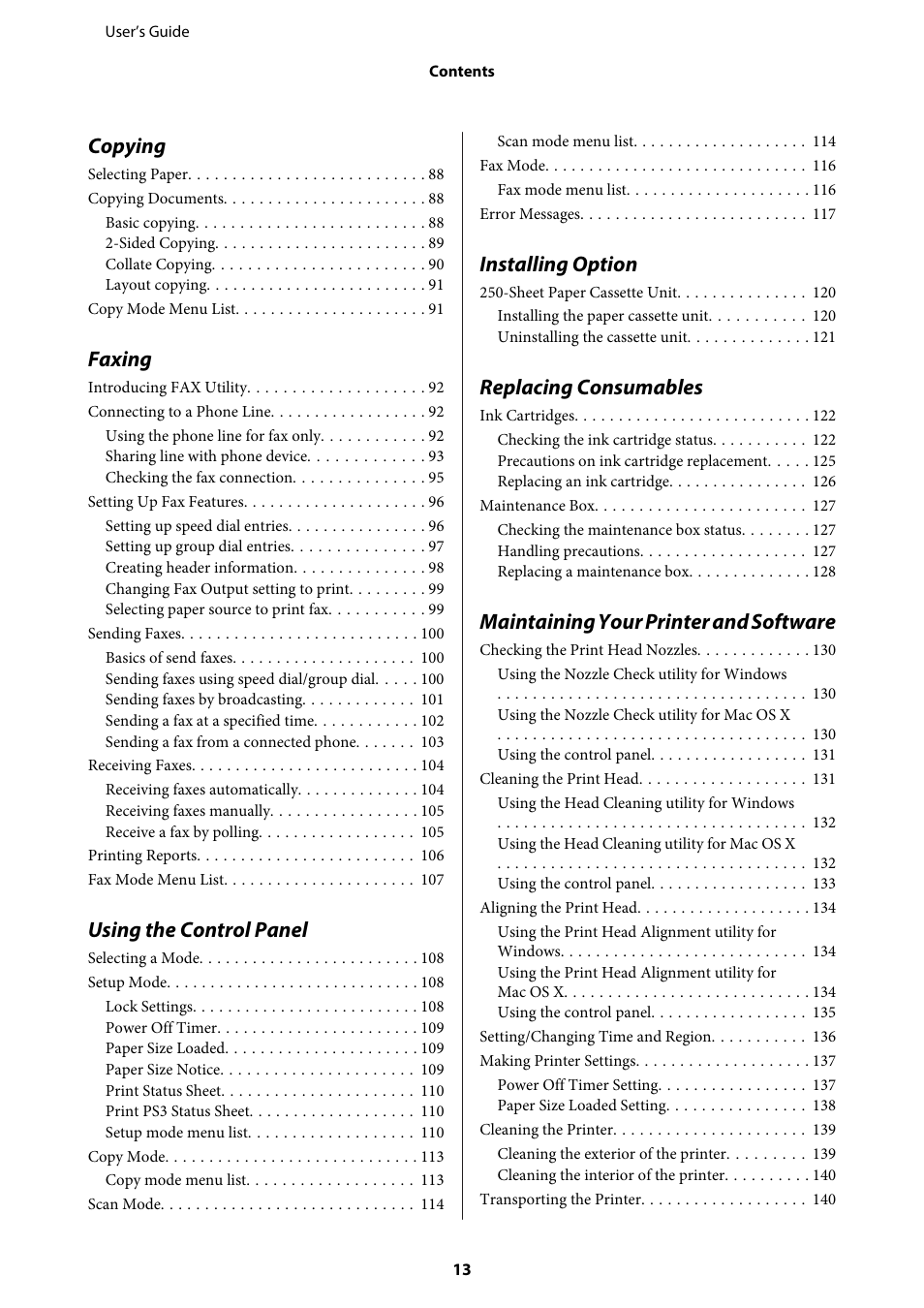 Copying, Faxing, Using the control panel | Installing option, Replacing consumables, Maintaining your printer and software | Epson WP-M4595DNF User Manual | Page 13 / 203