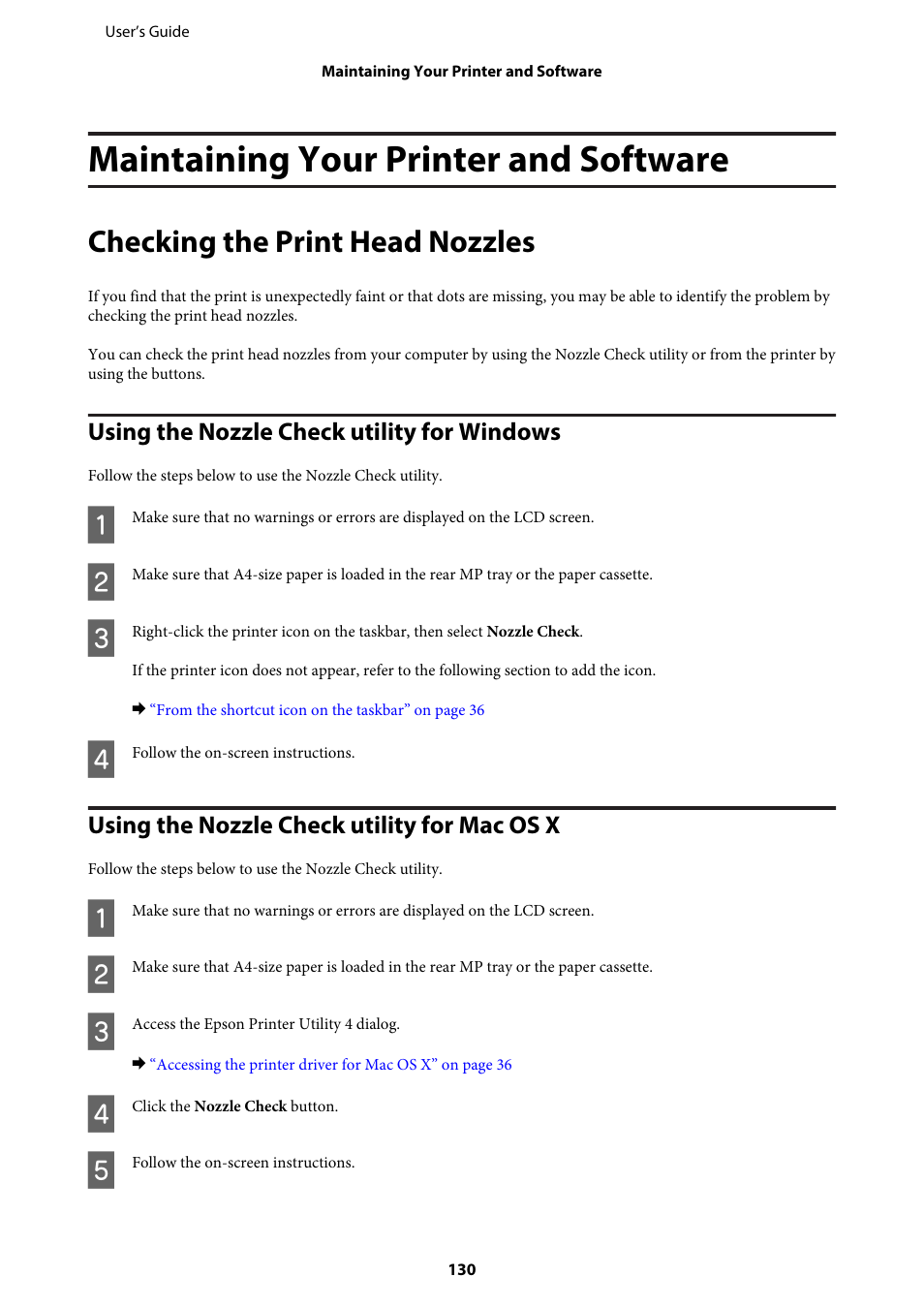 Maintaining your printer and software, Checking the print head nozzles, Using the nozzle check utility for windows | Using the nozzle check utility for mac os x | Epson WP-M4595DNF User Manual | Page 130 / 203