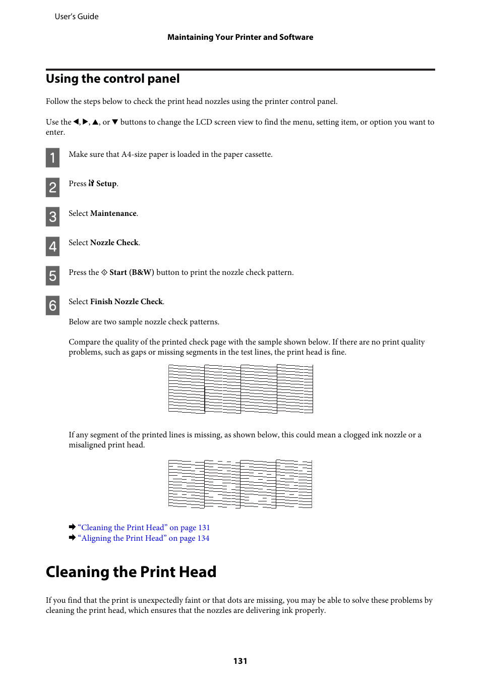 Using the control panel, Cleaning the print head | Epson WP-M4595DNF User Manual | Page 131 / 203