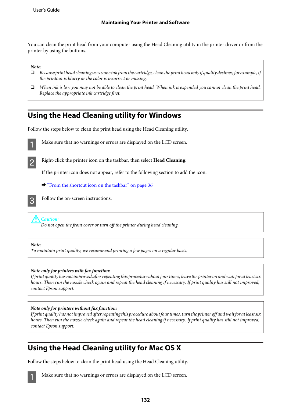 Using the head cleaning utility for windows, Using the head cleaning utility for mac os x | Epson WP-M4595DNF User Manual | Page 132 / 203