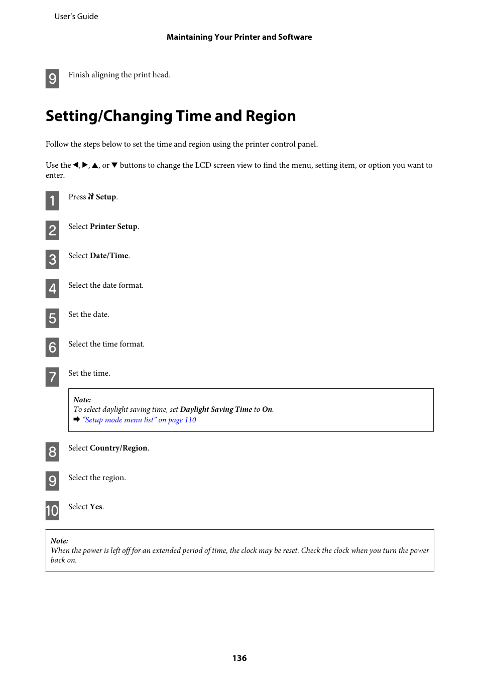 Setting/changing time and region, Setting/changing time and region” on | Epson WP-M4595DNF User Manual | Page 136 / 203