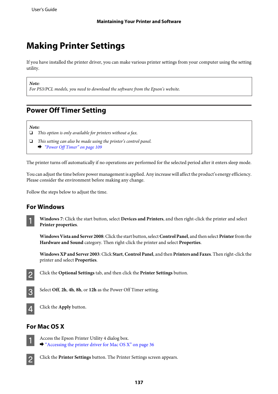 Making printer settings, Power off timer setting, For windows | For mac os x | Epson WP-M4595DNF User Manual | Page 137 / 203