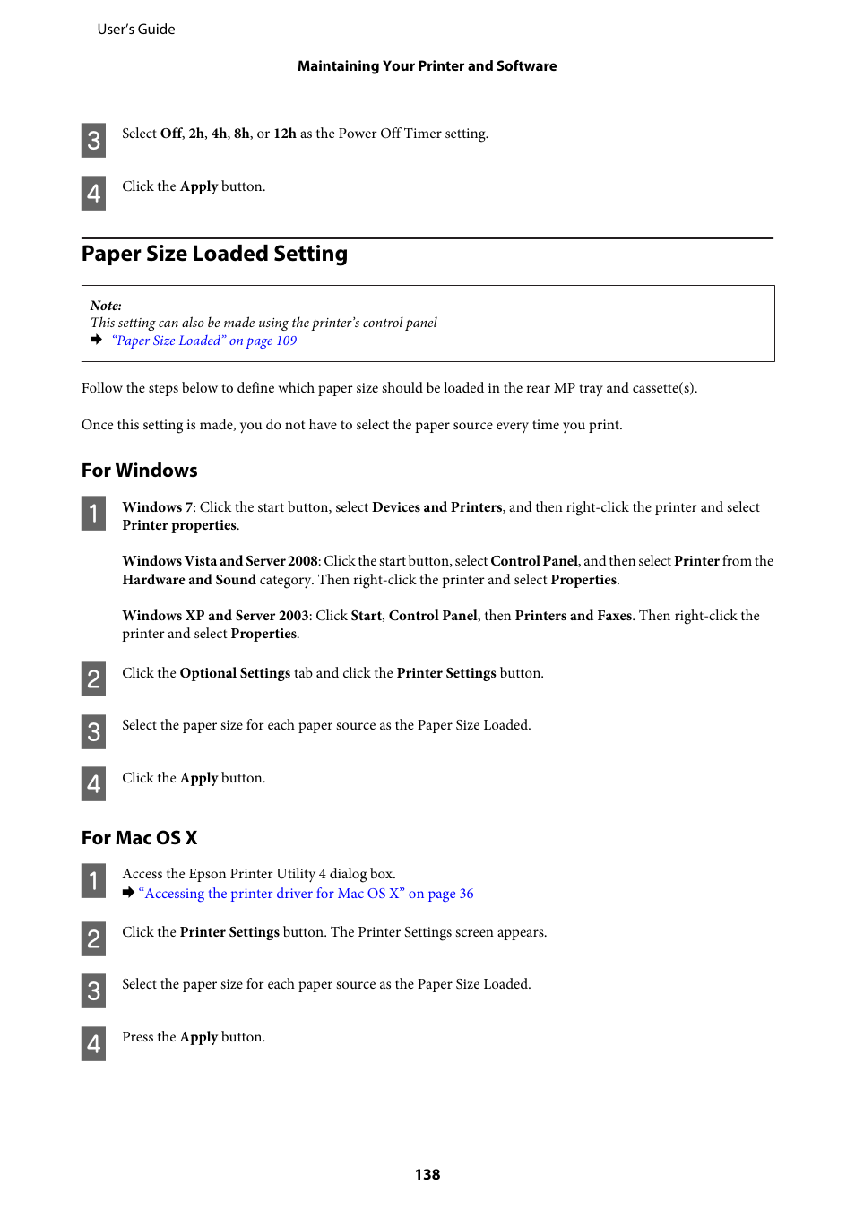 Paper size loaded setting, For windows, For mac os x | Epson WP-M4595DNF User Manual | Page 138 / 203