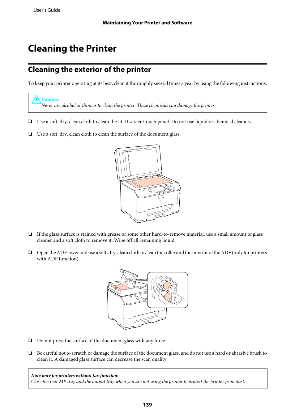 Cleaning the printer, Cleaning the exterior of the printer | Epson WP-M4595DNF User Manual | Page 139 / 203