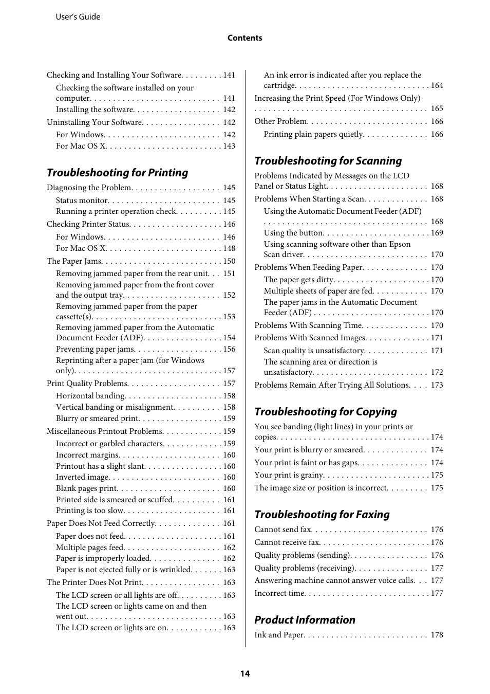 Troubleshooting for printing, Troubleshooting for scanning, Troubleshooting for copying | Troubleshooting for faxing, Product information | Epson WP-M4595DNF User Manual | Page 14 / 203