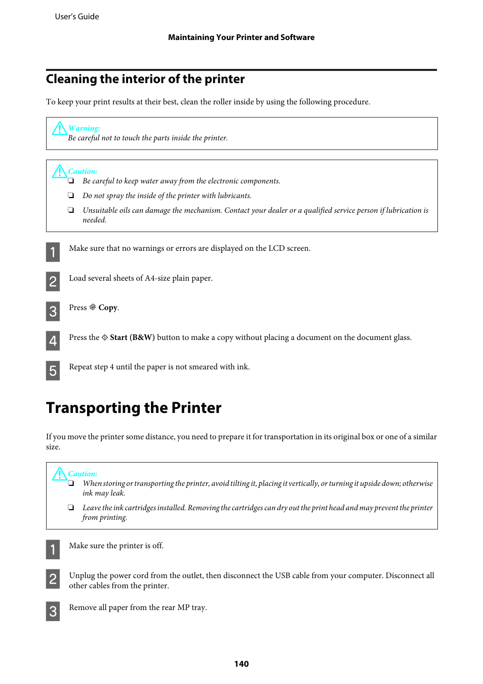 Cleaning the interior of the printer, Transporting the printer | Epson WP-M4595DNF User Manual | Page 140 / 203