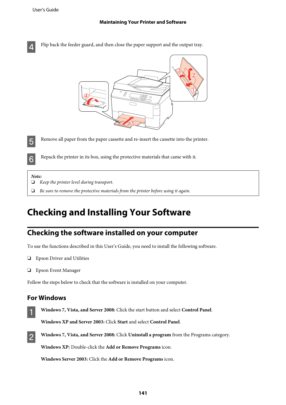 Checking and installing your software, Checking the software installed on your computer, For windows | Epson WP-M4595DNF User Manual | Page 141 / 203